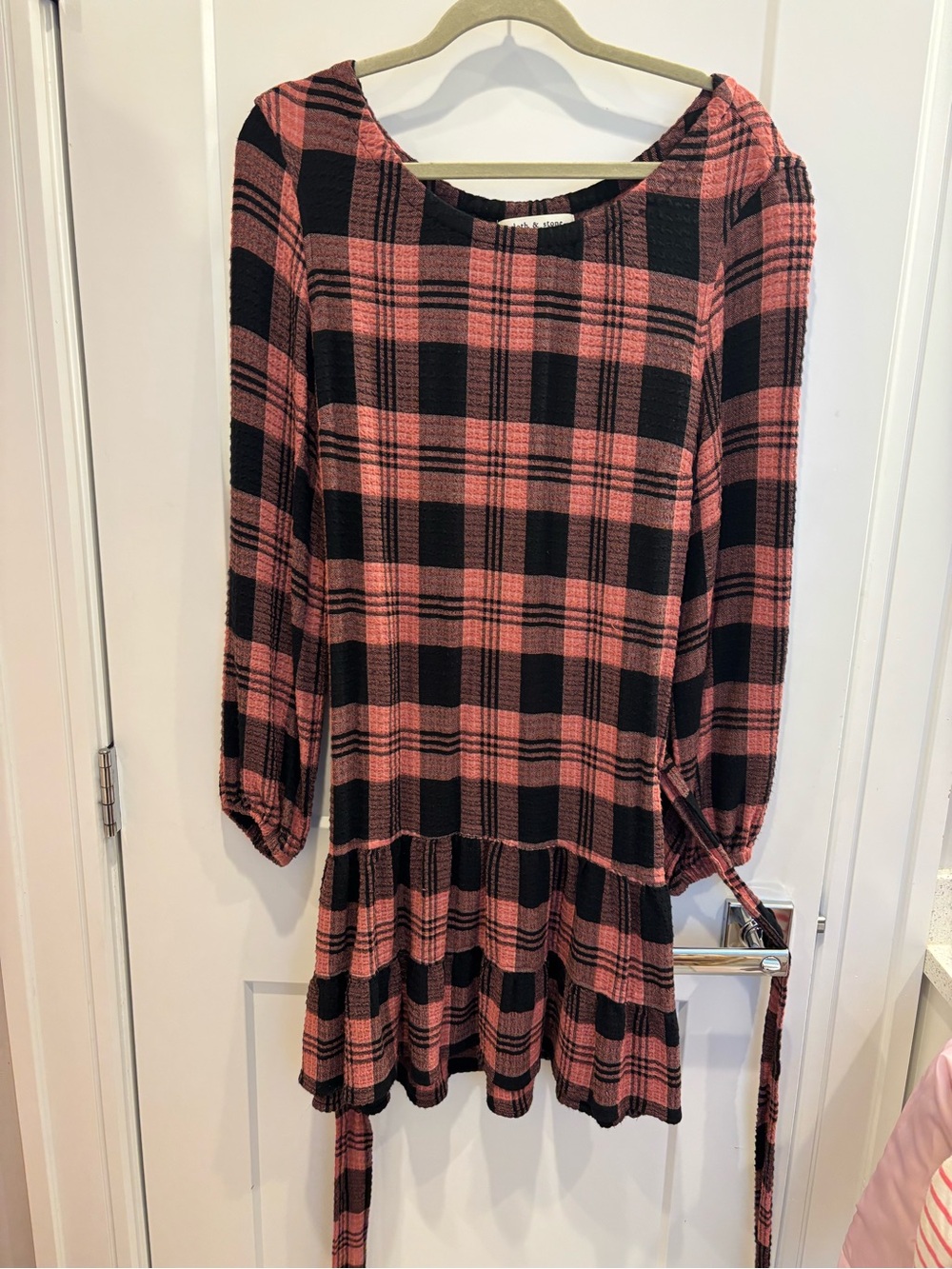 Anthropologie Pink and Black Plaid Long Sleeve Tiered Dress
